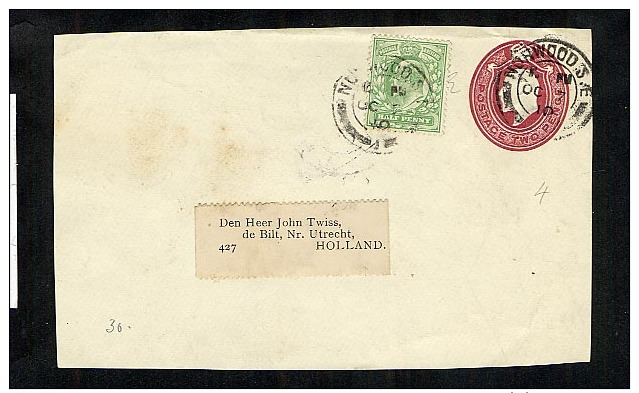 GB KEVII Postal Stationery 2d STO Cut-out ES33 Front Only Used 1910 Norwood To Netherlands (U330) - Interi Postali