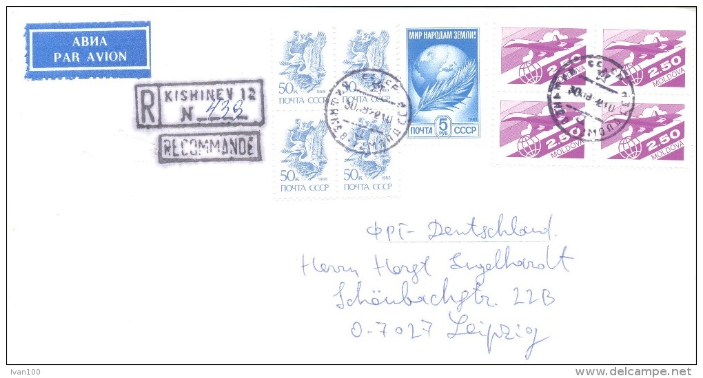 1992. Moldova, Cover With Soviet And Moldova Stamps, By Registered Post To Germany - Moldavie