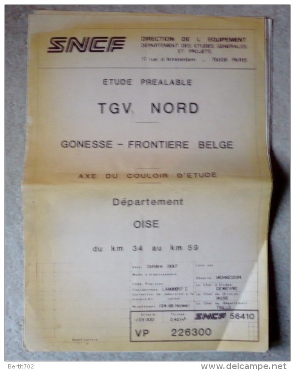 SNCF- étude Préalable TGV NORD -GONESSE-FRONTIERE BELGE -département De L´OISE Du Km 34 Au Km 59- Octobre 1987 - Chemin De Fer
