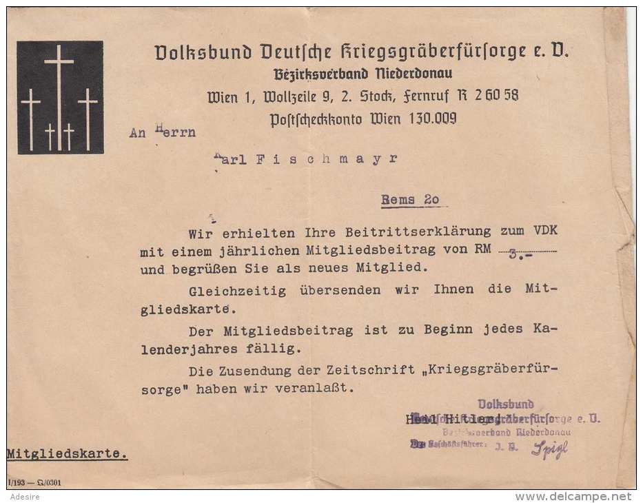 DEUTSCHES REICH 1942 - Bestätigungsschreiben Der Des Volksbund Deutscher Kriegsgräberfürsorge E.V., Niederdonau ... - Historische Dokumente