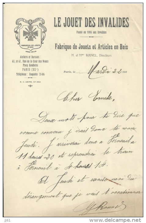 PARIS LE JOUET DES INVALIDES MUTILES DE LA GUERRE FABRIQUE DE JOUET EN BOIS DIRECTEUR MR ROUVEL ANNEE 1922 - Other & Unclassified