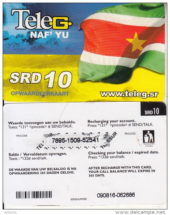 SURINAM - Surinamese Flag, Naf"Yu, TeleG Prepaid Card SRD 10, Used - Suriname