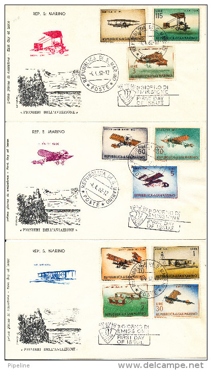 San Marino FDC 4-4-1962 Complete Set Of 10 AEROPLANES On 3 Covers With Cachet - FDC