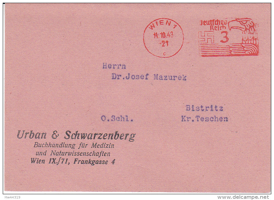 Freistempel Aus Wien 14.10.43 Nach Bistritz Kr. Teschen - Briefe U. Dokumente