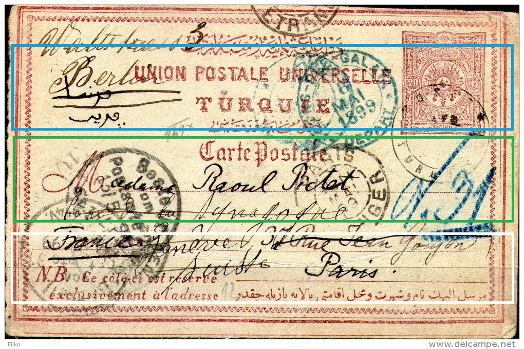 Ottoman Empire,stationery,from Mossoul,11.02.1899 To Paris,11.5.1899 Resend To Berlin13.5.1899+14.5.1899,RR,see Scan - Lettres & Documents