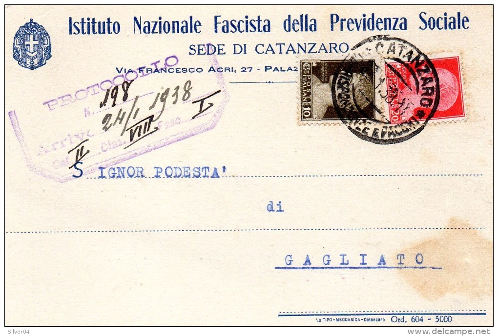 Cartolina Postale Pubblicitaria Commerciale 1938 CATANZARO IST. NAZ. FASCISTA PREVIDENZA - Marcofilie