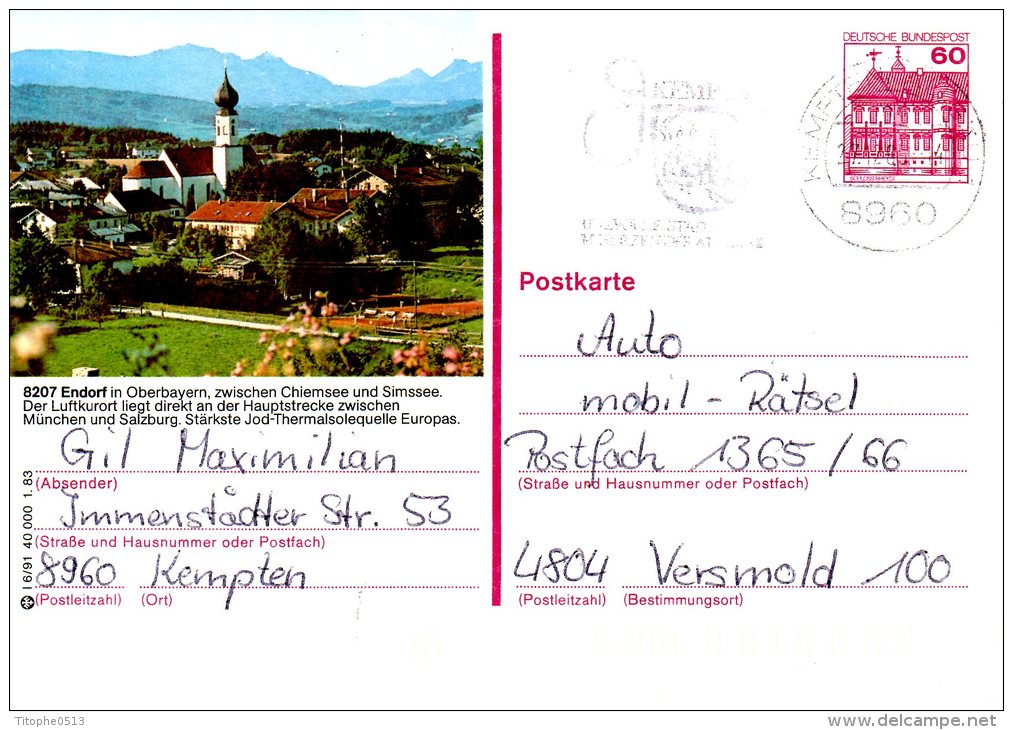 ALLEMAGNE. Carte Pré-timbrée Ayant Circulé. Endorf. - Illustrated Postcards - Used