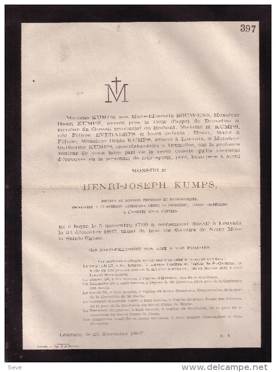 OVERIJSE ISQUE Henri-Joseph KUMPS Professeur Mathématique KUL UCL Leuven  1799-1867 LEUVEN Doodsbrief BOUWENS - Décès