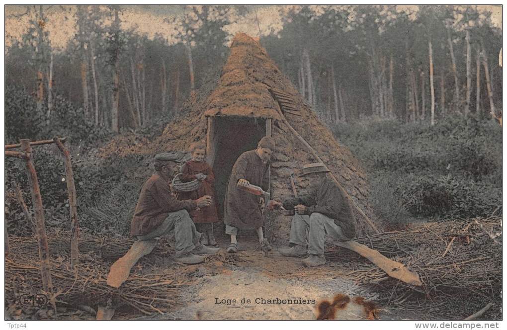 Série de 5 cartes dont Attelage Boeufs, Loge de Charbonniers, Chargement du Charbon de Bois, .......(quelques défauts)