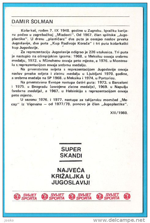 DAMIR SOLMAN KK Jugoplastiika - Yugoslavia Vintage Card Svijet Sporta * Basketball Basket-ball Baloncesto Pallacanestro - Other & Unclassified