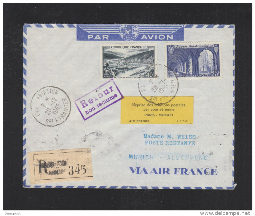 France Reprise Des Relations Postales Par Voie Aerienne Paris-Munich 1949 - Aviación