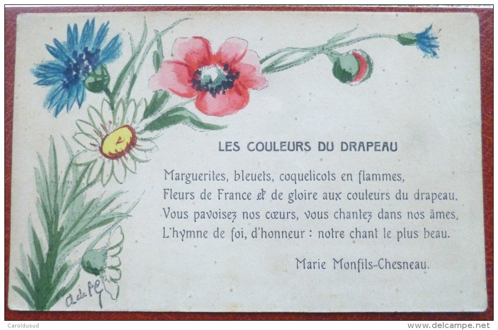 Litho Aquarelle Illustrateur Signé LANGAGE COULEURS Du Drapeau FRANCE Francais POEME Marie Monfils-chesneau  H.L. - Fleurs