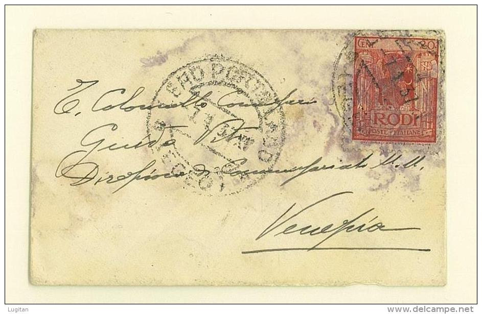 EGEO - RODI - BUSTINA VIAGGIATA PER VENEZIA - ANNO 1937 - 20 CENT. ROSSO - Egeo