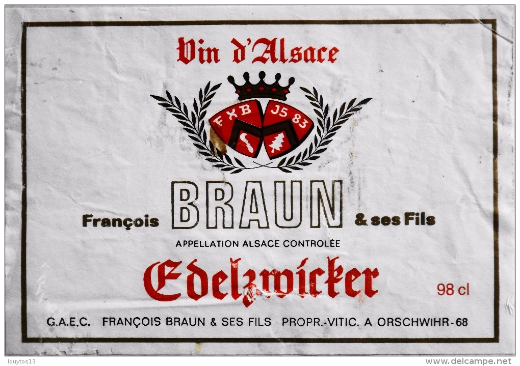 ETIQUETTE De VIN D'ALSACE 1983 - EDELZMICKER - François BRAUN & Ses Fils - En Bon état - Riesling