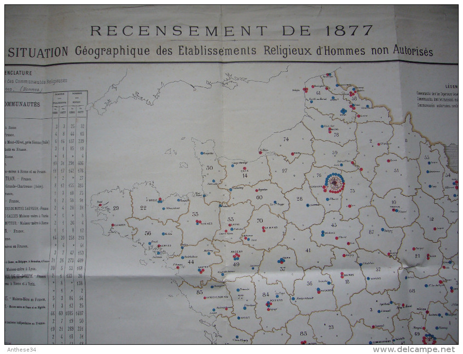 Carte De Recensement 1877 Situation D'établissements Religieux D'hommes Non Autorisés 60 X 80 Cm - Documents Historiques