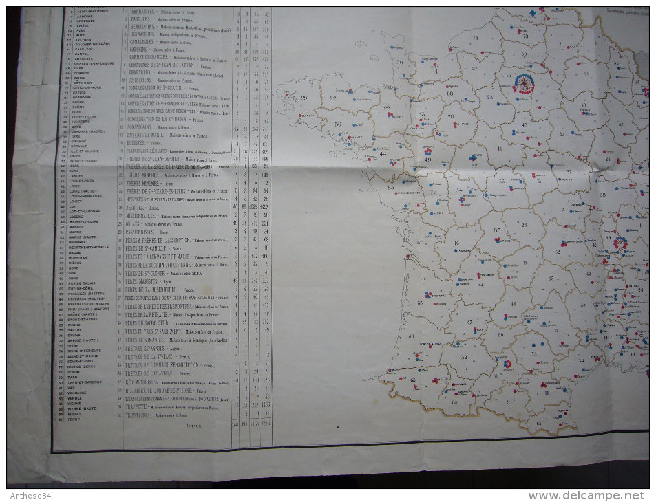 Carte De Recensement 1877 Situation D'établissements Religieux D'hommes Non Autorisés 60 X 80 Cm - Documents Historiques