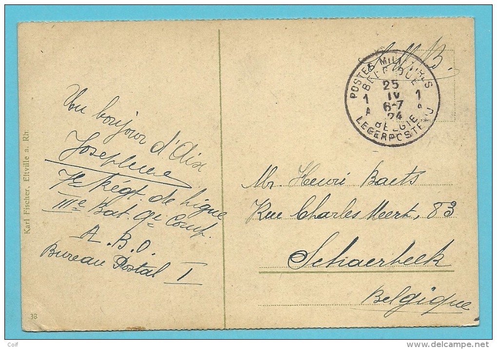 Kaart (Rudeshein) Met Stempel POSTES MILITAIRES BELGIQUE 1A Op 25/4/1924 - Legerstempels