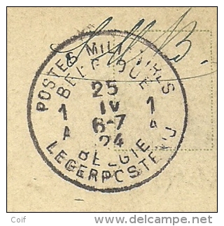 Kaart (Rudeshein) Met Stempel POSTES MILITAIRES BELGIQUE 1A Op 25/4/1924 - Legerstempels