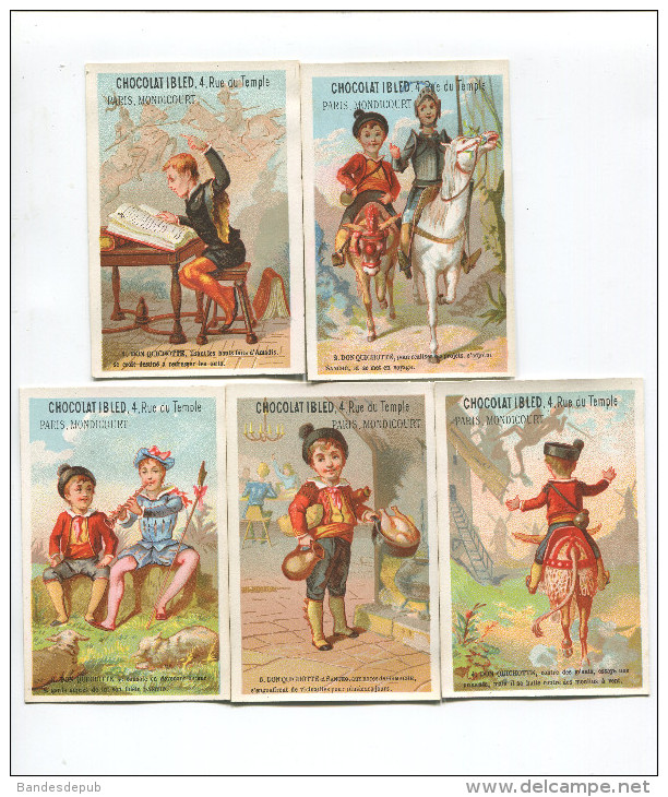 CHOCOLAT IBLED 5 CHROMOS SERIE DON QUICHOTTE BERGER ANE CHEVAL MOULIN BASTER VIEILLEMARD CERVANTES CIRCA 1880 - Ibled