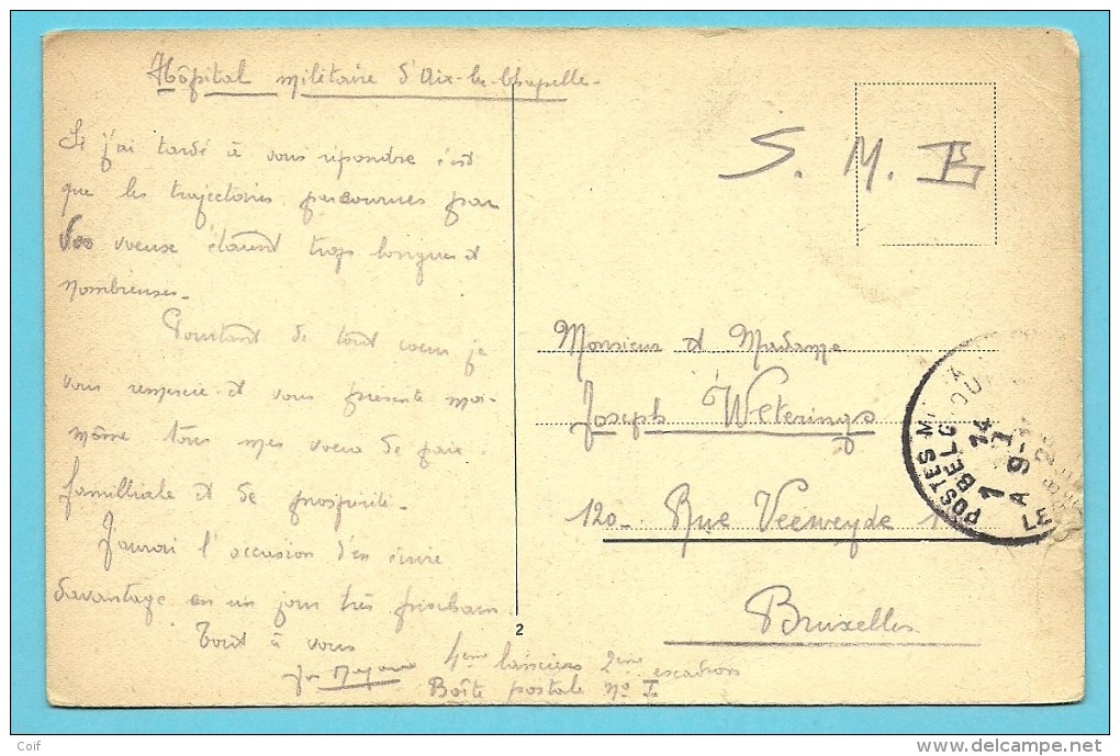 Kaart Met Stempel POSTES MILITAIRES BELGIQUE 1A Op 14/1/1924 , Geschreven (Hopital Militaire Aix-la-chapelle) - Armeestempel