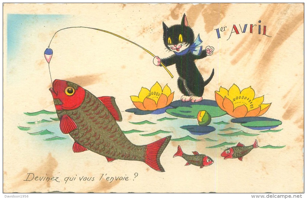 Belle     Carte      - 1er Avril   -  Chat  A La Pêche Au Poisson        Ah995 - 1er Avril - Poisson D'avril