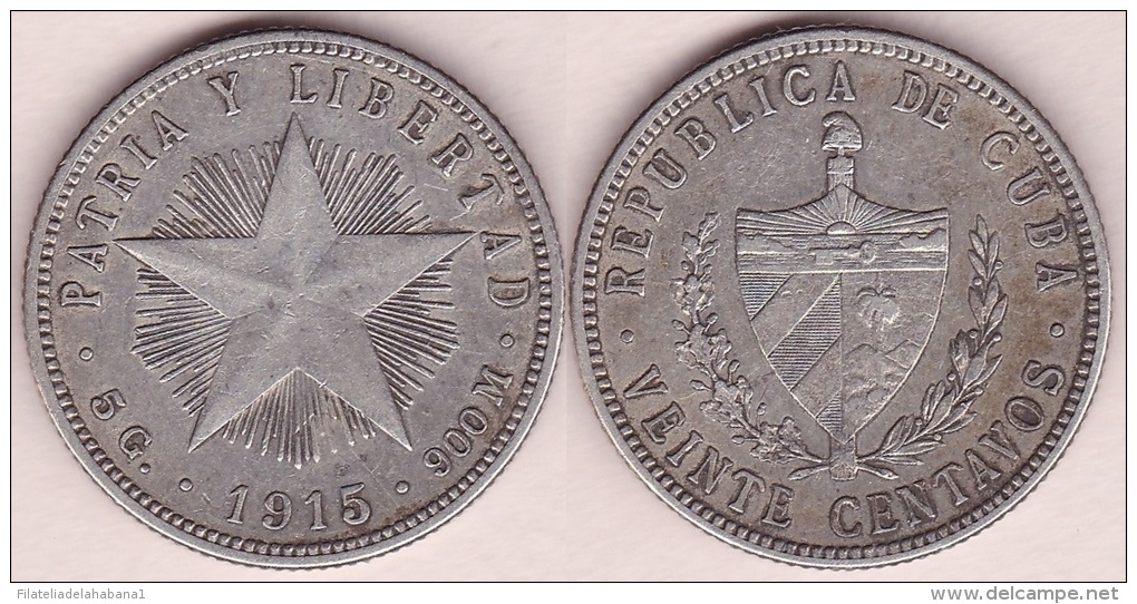 1915-MN-108 CUBA REPUBLICA 20c KM# 13.2 1915. ESTRELLA. SILVER 5 Gr - Cuba