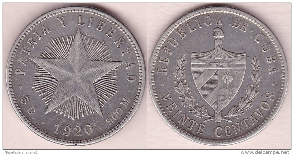 1920-MN-108 CUBA REPUBLICA 20c KM# 13.2 1920. ESTRELLA. SILVER 5 Gr - Cuba