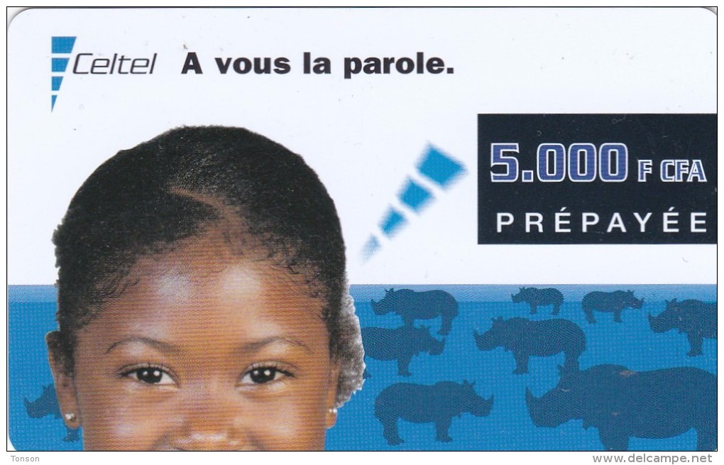 Gabon, Celtel, 5.000F CFA, Girl, Animals, Exp. 11/2002. - Gabun