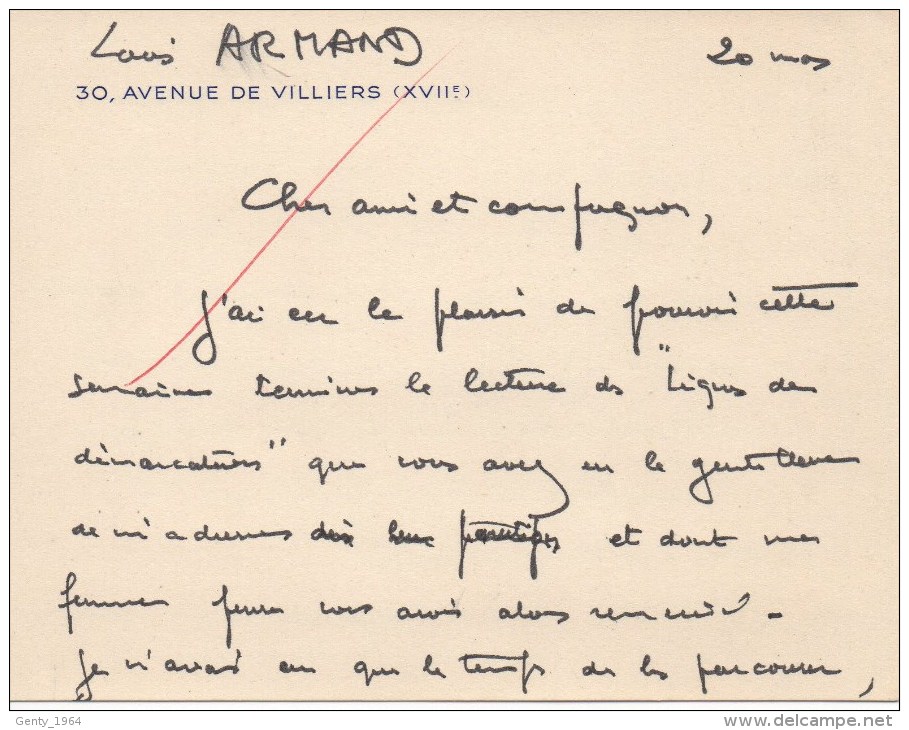 Lettre Autographiée De Monsieur Louis ARMAND,  Adressée Au Colonel REMY - Autres & Non Classés