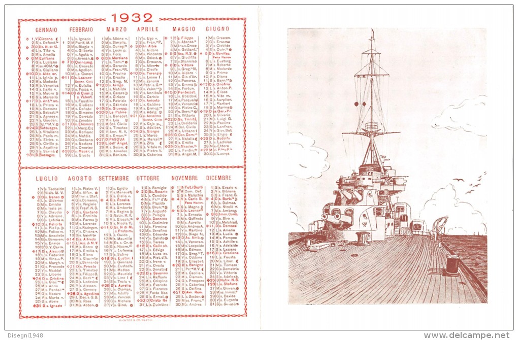 04683 "1932 - REGIO INCROCIATORE TRENTO - CALENDARIO CON FIRME  - LUIGI FAGGIONI M.O. AL V. M." CALENDARIO ORIGINALE - Formato Piccolo : 1921-40