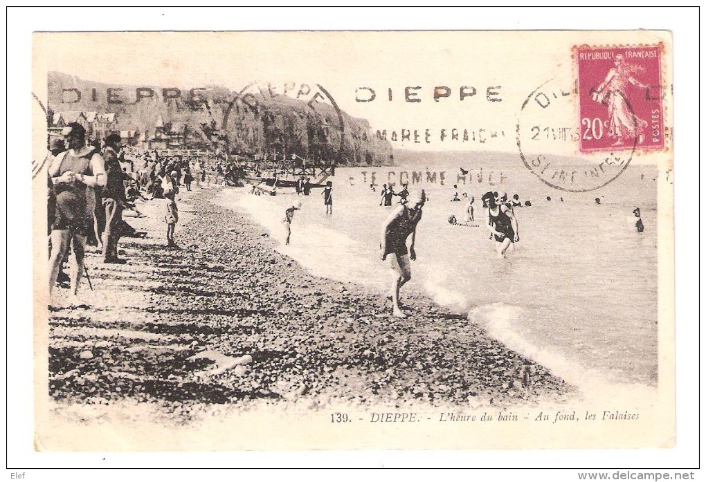 VARIETE Sur Semeuse 20 C INSCRIPTIONS DEDOUBLEES , Sur Carte DIEPPE L'Heure Du Bain / Falaises; 1932, TB - Lettres & Documents