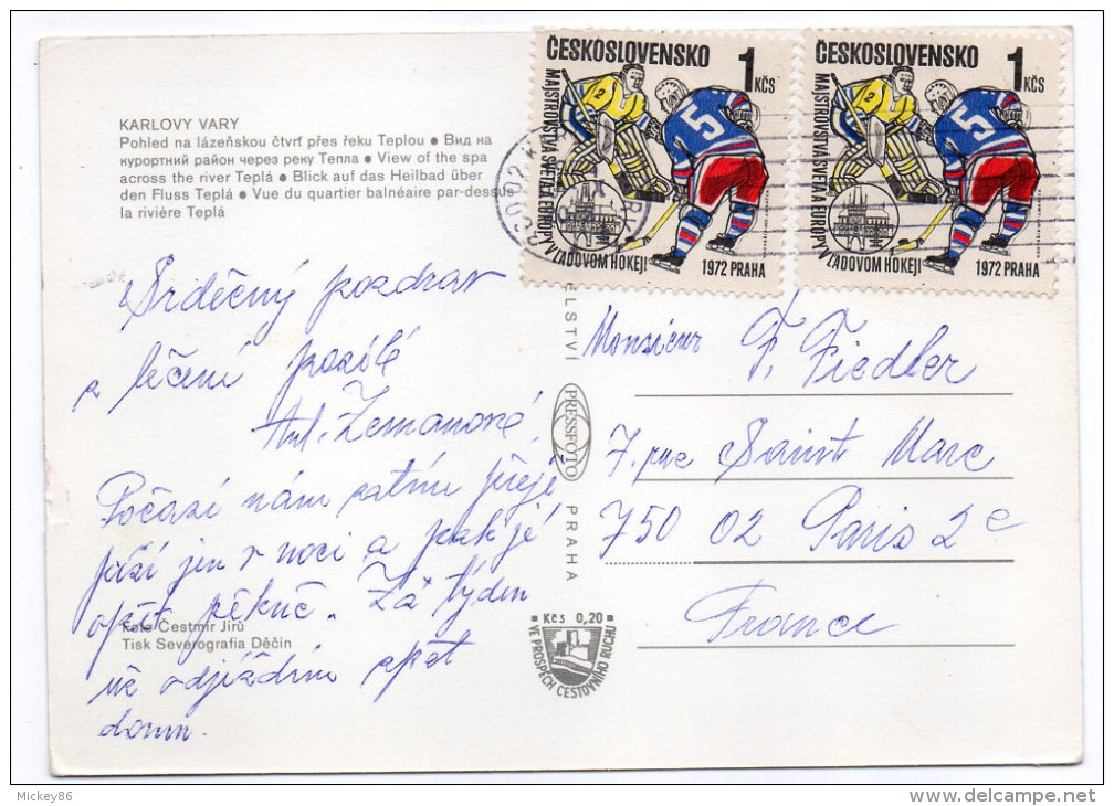 Tchéquie--KARLOVY VARY---1972--Vue Générale  ----Beaux Timbres "Hockey Sur Glace" Au Verso - Tchéquie