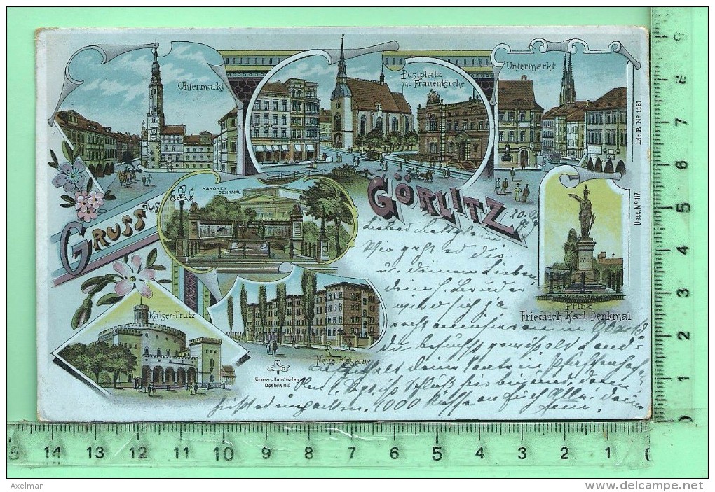 GORLITZ: Gruss, Lithographie Multi-vues, Untermarkt, Postplatz, Kaiser Trutz, Neue Kaserne, Friedrich-Karl Denkmal - Colditz