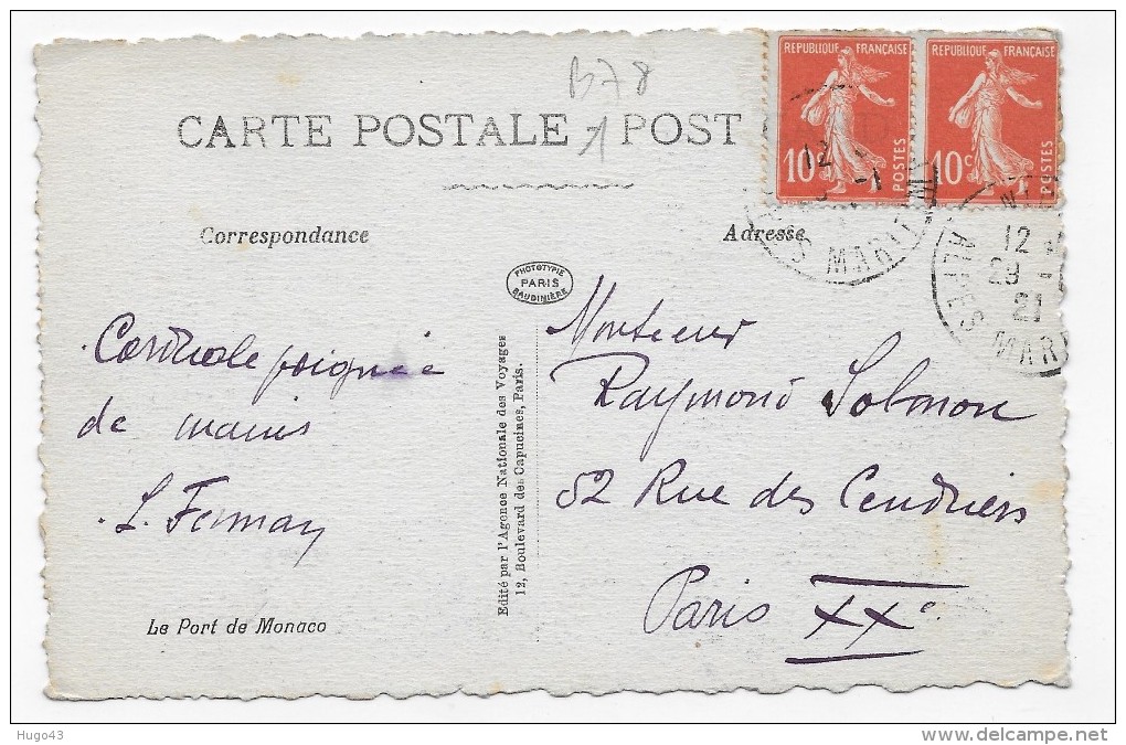 (RECTO / VERSO) MONACO EN 1921 - LE PORT - BEAU CACHET - CPA - Harbor