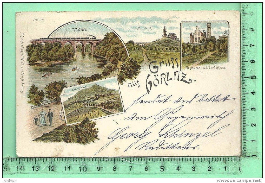 GORLITZ: Gruss, Lithographie Multi-vues, Restaurant " A.d. Landeskrone " , Landeskrone, Viaduc, Weinberg - Colditz