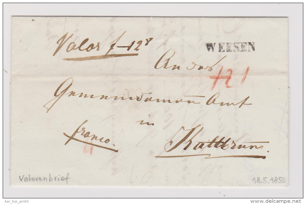 Heimat SG WEESEN 1850-05-18 Valorenbrief Nach Kaltbrunn - 1843-1852 Timbres Cantonaux Et  Fédéraux