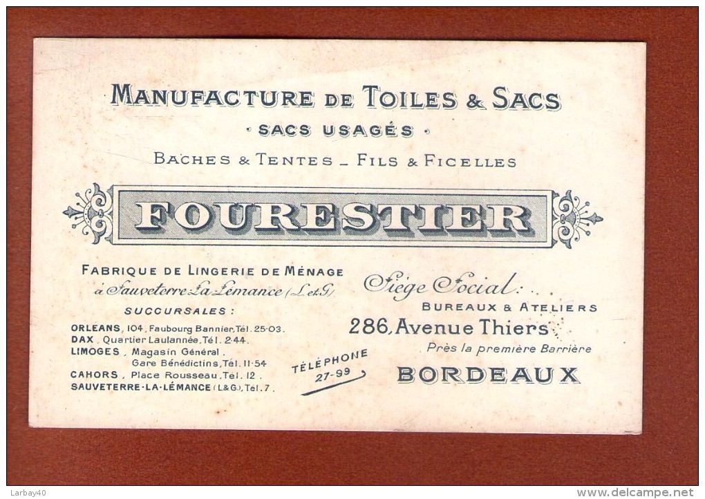 1 Carte 13 X 8,5 Cm Manufacture De Toiles Et Sacs Fourestier Bordeaux - Cartoncini Da Visita