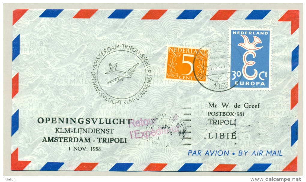Nederland - 1958 - Openingsvlucht KLM-lijndienst Amsterdam - Tripoli Op Speciale Envelop - Brieven En Documenten
