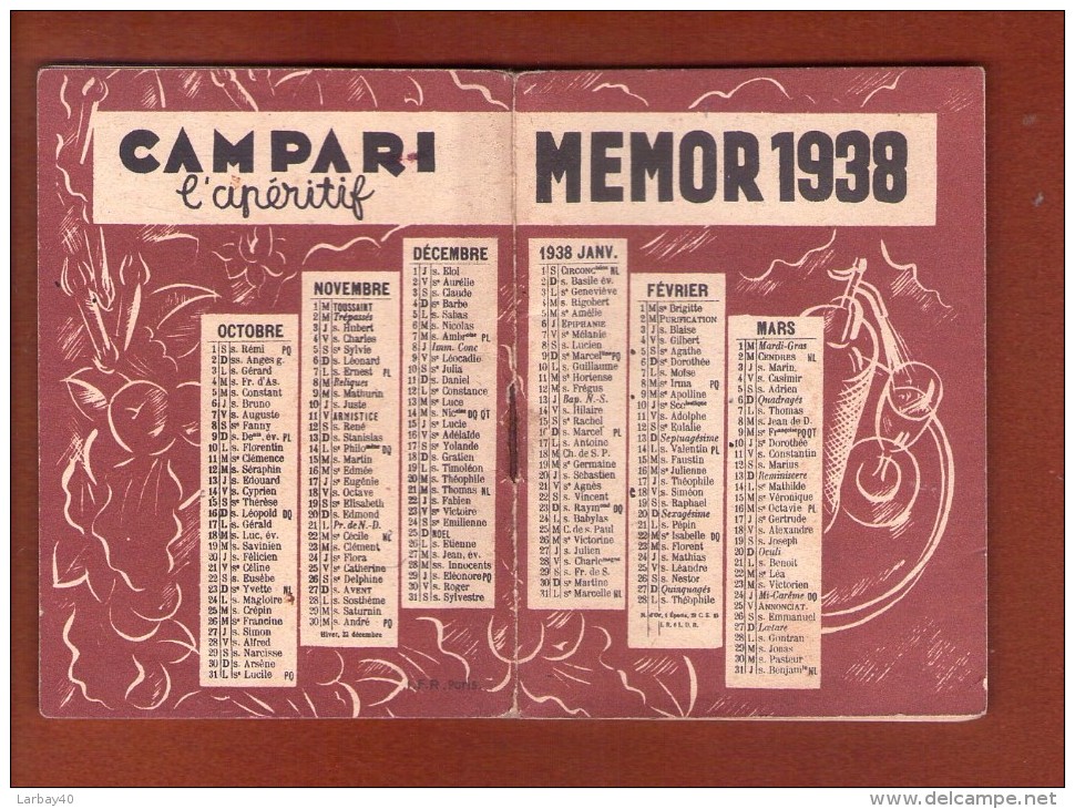 Calendrier Memor 1938 Campari - Autres & Non Classés