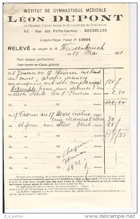 Institut De Gymnastique Médicale Léon Dupont Bruxelles Relevé De Compte Et Reçu Timbré Weissenbruch + Virement 1921 - Sports & Tourisme