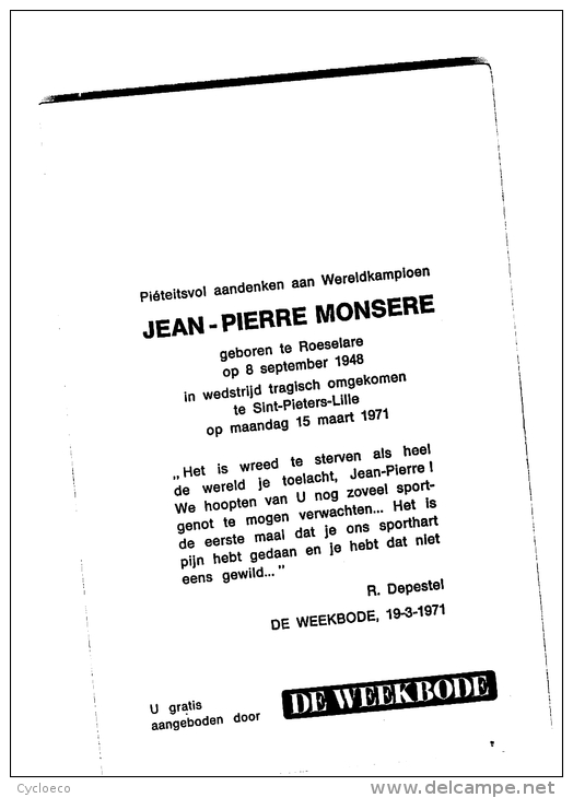 Jean Pierre MONSERE, Champion Du Monde  . 2 Scans. Cyclisme. Mars Flandria - Cyclisme