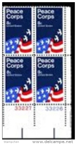 Plate Block -1972 USA Peace Corps Stamp #1447 National Flag Martial UN Dove Bird - Números De Placas
