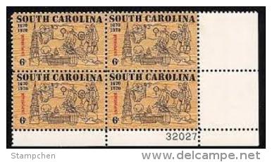 Plate Block -1970 USA SOUTH CAROLINA Stamp Sc#1407 Ship Cotton Tobacco Church State Flag Flower - Plattennummern