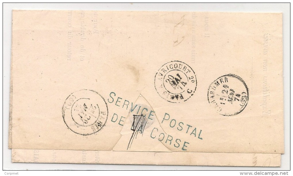 FRANCE - 1874 CARTE POSTALE - SERVICE POSTAL De La CORSE - Alongside Blue Cancel At Back (2nd Scan) - 1871-1875 Ceres