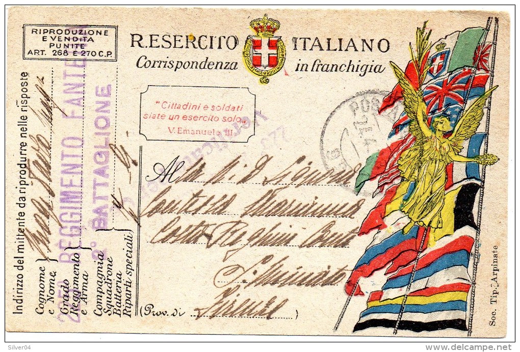 CARTOLINA  POSTALE MILITARE CORRISPONDENZA IN FRANCHIGIA  1918 225°REGGIMENTO FANTERIA - Regiments