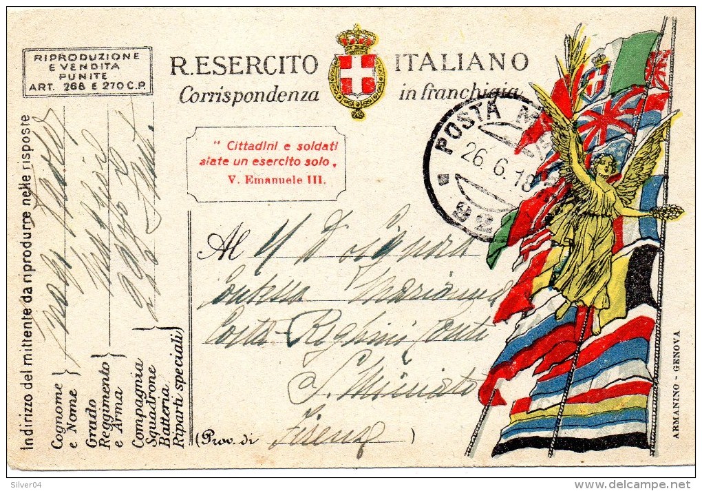 CARTOLINA  POSTALE MILITARE CORRISPONDENZA IN FRANCHIGIA  1918 225°REGGIMENTO FANTERIA - Regimente