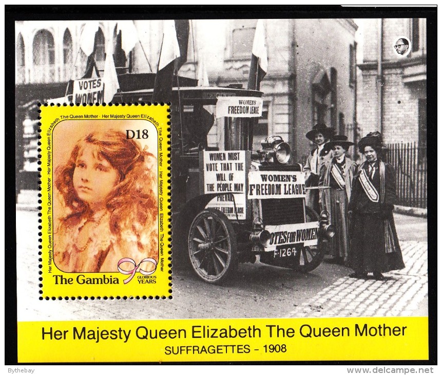 Gambia MNH Scott #1017 Souvenir Sheet 18d Queen Mother As Girl - Queen Mother´s 90th Birthday Selvedge Suffragettes - Gambie (1965-...)