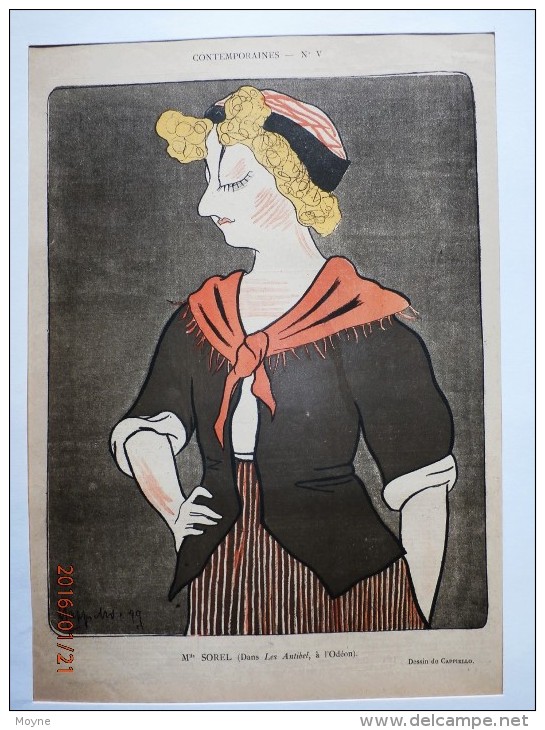 Dessin De CAPPIELLO     * Melle SOREL à L´ ODEON   *  - Paru  Dans Le RIRE  Du 25 Février,1899 - Litho ? - Dessins