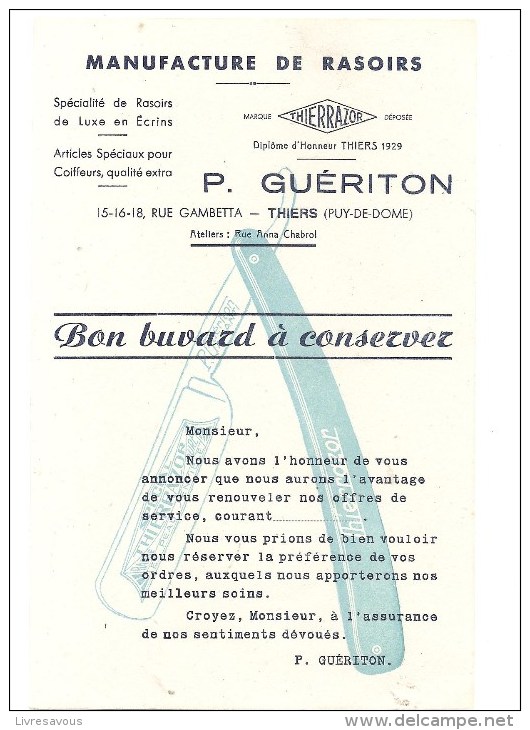 Buvard THIERRAZOR Manufacture De Rasoirs Spécialité De Rasoirs De Luxe P. Guérition Rue Gambetta à Thiers (PUY DE DOME) - Parfums & Beauté