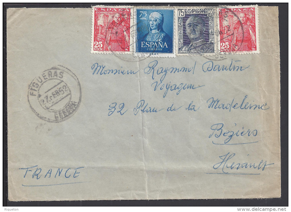 ESPAGNE - 1952 -  ENVELOPPE DE FIGUERAS A DESTINATION DE BEZIERS - FR - - Marques De Censures Républicaines